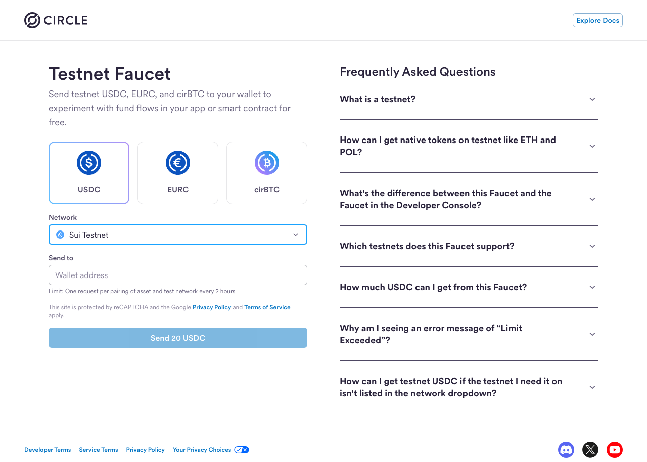 Circle's Testnet Faucet with USDC selected and the network dropdown set to Sui Testnet.