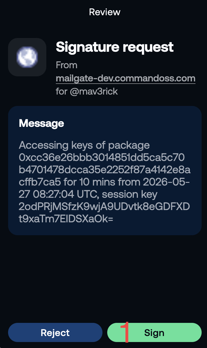 A wallet signature request for a MailGate Seal session key. The message starts with "MailGate Session Key" and contains the package ID and a short-lived key. No transaction is created.