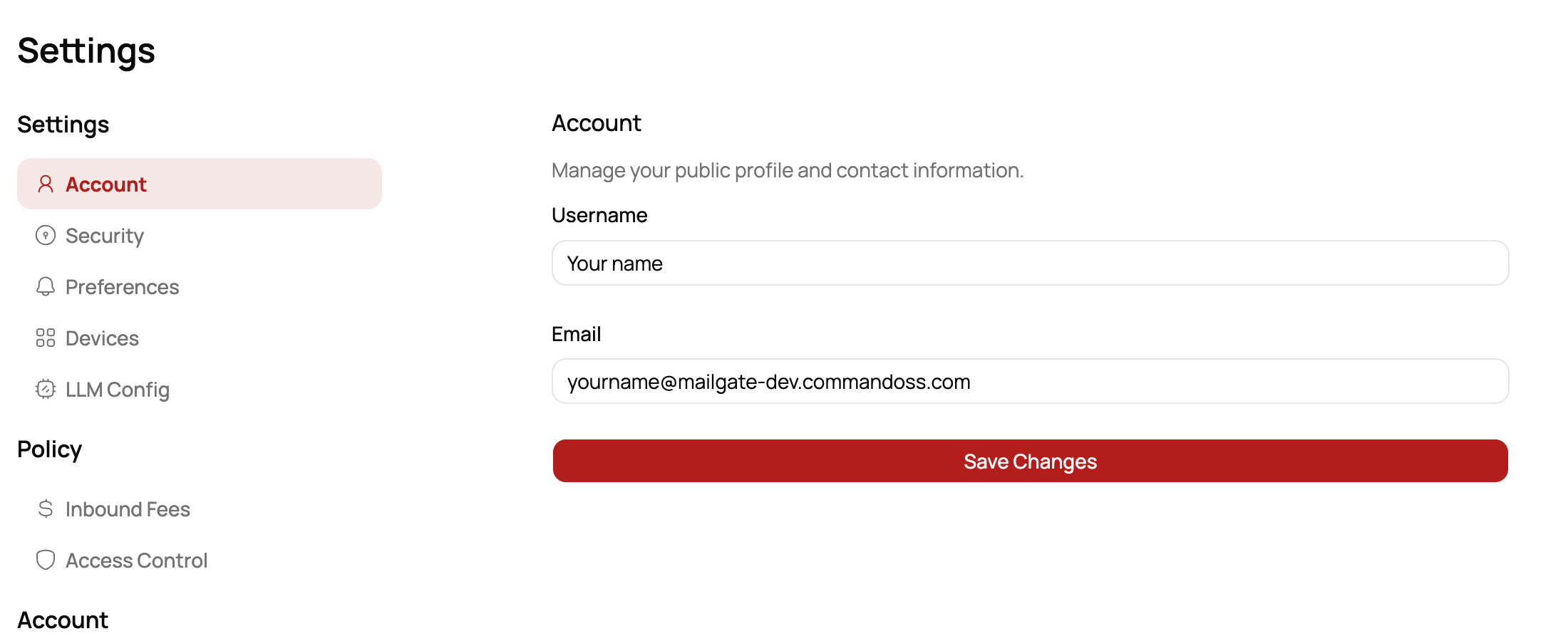 The Account settings page showing the full MailGate email address.