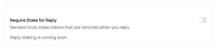 Settings -> Fees showing the Require Stake for Reply switch and the "Reply staking is coming soon" note.